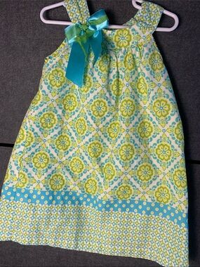 Bonnie Jean Turquoise and Lime Floral Dress with Bow Accent